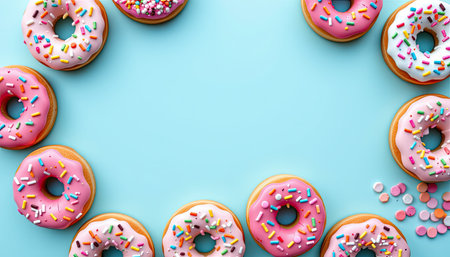 A delightful arrangement of colorful donuts with pink frosting and multicolored sprinkles set against a light blue background, perfect for celebrations.の素材