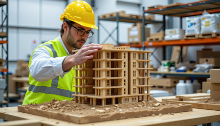 A focused construction worker inspects a detailed building model in a well-organized workspace. The scene emphasizes safety, precision, and the architectural design process in action.の素材