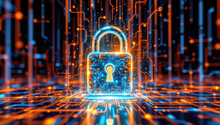 A vibrant digital lock symbolizing cybersecurity, surrounded by glowing circuit patterns. This futuristic image represents data protection and privacy in technology.の素材