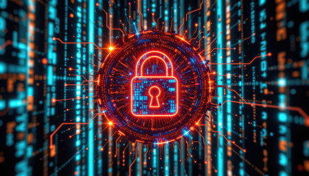 This image depicts a vibrant digital lock symbol, surrounded by a network of glowing data streams, emphasizing themes of cybersecurity and data protection.の素材