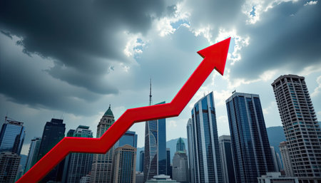 A bold red arrow rises against a dramatic cloudy sky, symbolizing growth and progress over a modern city skyline, reflecting ambition in business.の素材