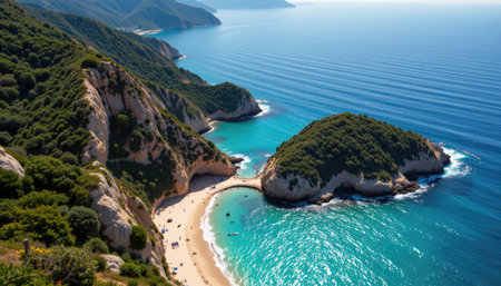 Experience a stunning aerial view of a serene beach, where rocky cliffs meet clear turquoise waters, creating a picturesque landscape perfect for relaxation and adventure.の素材