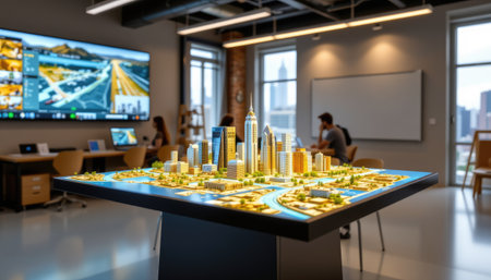 A dynamic office scene featuring a scale model of an urban landscape, showcasing creativity and collaboration amidst a modern work environment.の素材