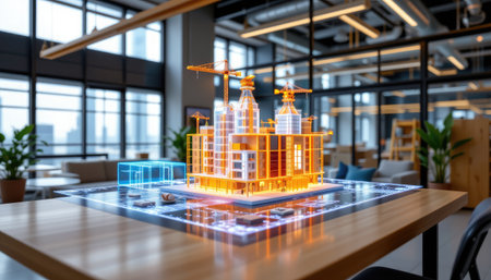 This image captures a detailed architectural model featuring digital enhancements, set in a modern office environment, illustrating innovation in construction.の素材