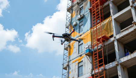 A drone captures aerial footage near a construction site, showcasing scaffolding and a bright blue sky. This image highlights modern technology in building projects.の素材