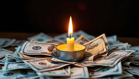 A solitary candle sits atop a pile of dollar bills, casting a warm glow in a dark environment. This image represents the interplay between wealth and tranquility, inviting contemplation.の素材
