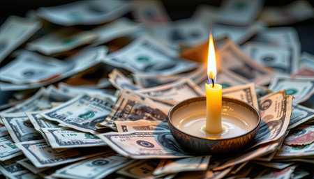 A single lit candle rests atop a bed of dollar bills, casting a warm glow in the dim light, evoking a sense of tranquility and financial abundance in the atmosphere.の素材