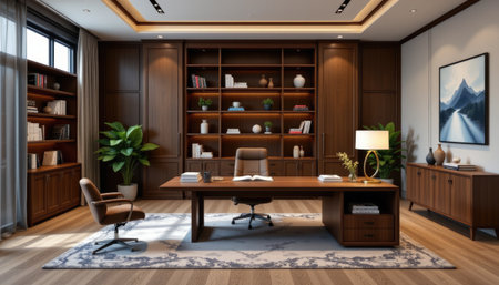 A beautifully designed modern office space showcasing a wooden desk, stylish chairs, and elegant decor, ideal for fostering creativity and professionalism.の素材