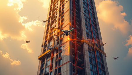 A stunning depiction of multiple drones engaged in construction work on a towering building at sunset, showcasing modern technology in urban development.の素材