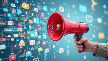 A close-up of a bright red megaphone held by a hand, surrounded by various social media icons, symbolizing the power of digital marketing and effective communication.の素材