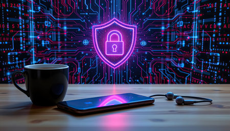 This image captures a cozy workspace featuring a smartphone, coffee mug, and headphones, set against a vibrant digital security background with a lock symbol.の素材