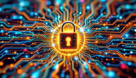 This vivid digital artwork features a glowing lock at the center, surrounded by vibrant circuit connections and data streams, symbolizing security in technology.の素材