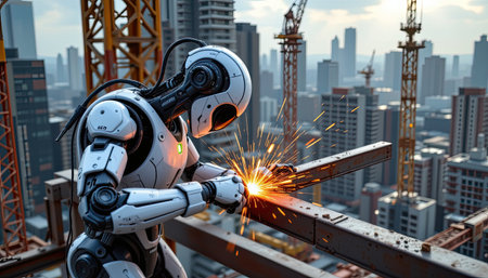 A sleek robot welder skillfully operates on a construction site, creating sparks as it fuses metal beams, against a backdrop of towering buildings and cranes, symbolizing the intersection of technology and modern construction.の素材