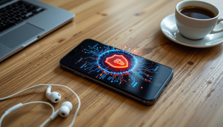 A modern workspace scene featuring a smartphone with security graphics, a laptop, and a coffee cup, illustrating the importance of digital safety in everyday life.の素材