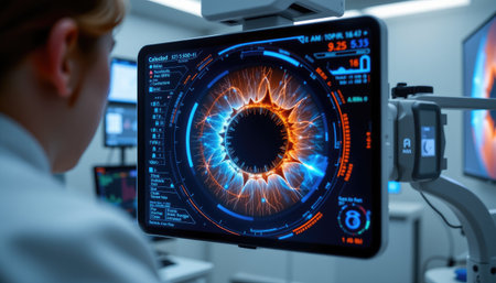 A detailed view of a high-tech medical interface displaying vibrant graphics, colors, and crucial data analysis, emphasizing innovation in healthcare technology.の素材