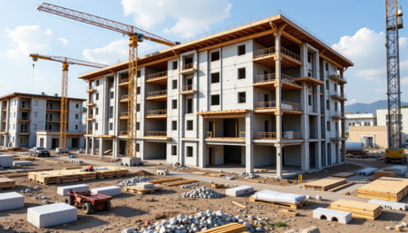 A modern construction site showcases a multi-story building framework with cranes and heavy machinery under a clear blue sky, highlighting urban development.の素材