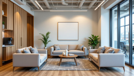 Bright and airy living room featuring modern furniture and lush plants, offering a serene space for relaxation and stylish gatherings in contemporary design.の素材