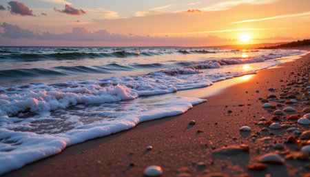 Experience a peaceful sunrise at the beach, where gentle waves caress the shore, and colorful hues paint the sky. A tranquil escape into nature's beauty.の素材