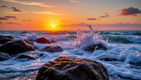 A breathtaking sunset casts vibrant hues over the ocean, as waves gently crash against rocky formations. This tranquil seascape captures the essence of nature's beauty, making it perfect for relaxation and scenic inspiration.の素材