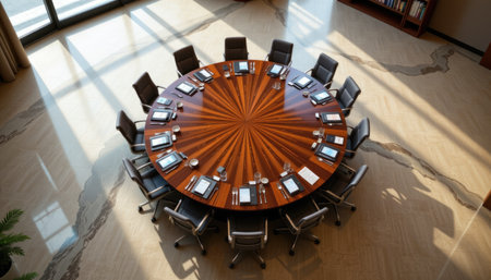 A modern conference room features a large round table surrounded by chairs. Natural light streams in, enhancing the stylish corporate environment conducive for meetings.の素材