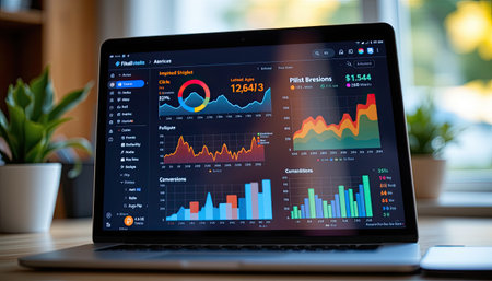 A laptop displaying a vibrant data analysis dashboard, featuring colorful graphs and charts. The scene is set in a modern office workspace, ideal for business insights.の素材