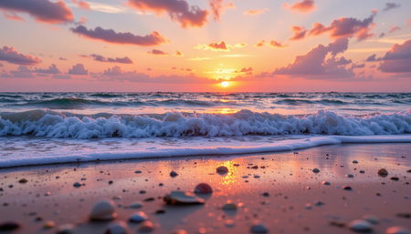 A stunning sunset illuminates the ocean waves, with seashells scattered along the sandy beach. The vibrant colors and tranquil atmosphere create an ideal scene for relaxation and reflection.の素材