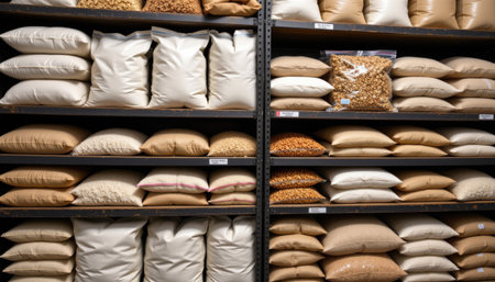 Shelves filled with bags of various grains and seeds, showcasing diverse textures and colors. This image represents bulk storage solutions for dried food products in a warehouse.の素材