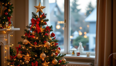 A beautifully decorated Christmas tree with twinkling lights and ornaments stands elegantly beside a window, creating a cozy winter atmosphere.の素材