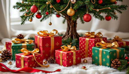 A beautifully decorated Christmas tree stands proudly among colorful presents wrapped in vibrant paper, creating a warm and joyful holiday atmosphere.の素材