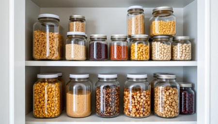 A visually appealing display of clear jars filled with various dried foods and legumes organized on shelves, perfect for kitchen decoration and storage inspiration.の素材