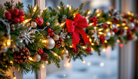 Beautiful Christmas decoration features a lush arrangement of pine, ornaments, and twinkling lights, creating a warm and inviting festive atmosphere.の素材