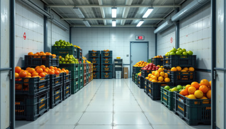 A vibrant scene of fresh fruits in a cool storage room, featuring crates filled with oranges, apples, and lemons, highlighting organized produce displays.の素材
