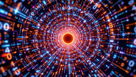 Discover an abstract digital tunnel filled with vibrant light and flowing binary code, embodying a futuristic space environment for technology themes.の素材