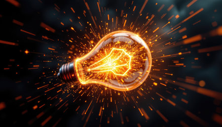 A striking image of a glowing light bulb surrounded by explosive sparks, symbolizing creativity and innovation. This artwork portrays the essence of ideas and inspiration.の素材