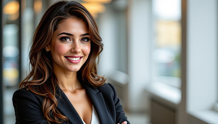 A young woman exudes confidence and professionalism in a stylish business outfit. She smiles warmly, embodying success and positivity in a bright office environment.の素材