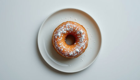 A beautifully presented freshly baked donut topped with sugar powder, resting on a simple white plate. This minimalist image highlights the delicious treat, perfect for food lovers.の素材