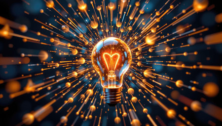 This stunning image features a glowing light bulb surrounded by radiant golden sparks and luminous particles on a dark background, symbolizing creativity and inspiration.の素材