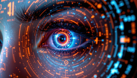 Close-up view of an eye embedded in abstract digital patterns, featuring vibrant blue and orange tones, evoking themes of technology and perception.の素材