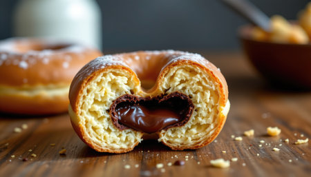 This captivating close-up showcases a beautifully melted chocolate filled donut, highlighting its soft, fluffy texture. Perfect for food blogs or culinary showcases.の素材