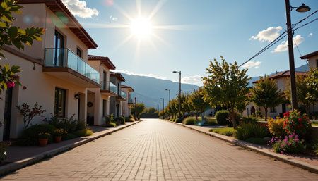 A charming view of a quiet suburban street bathed in sunlight, showcasing beautiful houses, trees, and a serene mountain backdrop, ideal for peaceful living.の素材