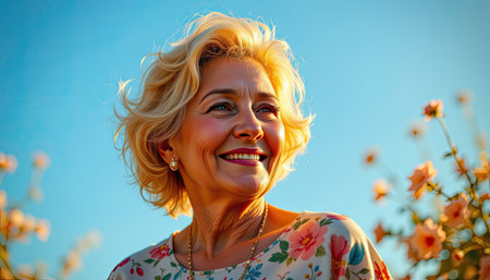 A joyful elderly woman smiles warmly in a vibrant flower garden at sunset, surrounded by blooming roses under a clear blue sky, radiating happiness and beauty.の素材