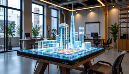 A captivating futuristic model showcased on an interactive table in a modern office, symbolizing urban development and architectural innovation. The scene reflects a high-tech workspace designed for creativity and collaboration.の素材