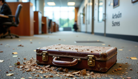 An abandoned briefcase lies on the office floor surrounded by scattered debris, symbolizing lost opportunities and the chaos of workplace environments.の素材