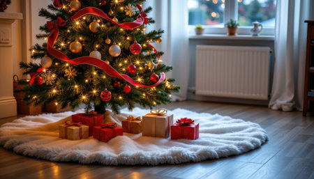 A cozy living room decorated for the holiday season, featuring a beautifully adorned Christmas tree with shimmering lights and gifts underneath.の素材