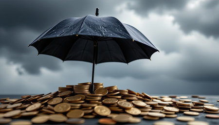 A dramatic image featuring a black umbrella shielding a mound of coins against a backdrop of dark clouds and rain, symbolizing financial protection.の素材