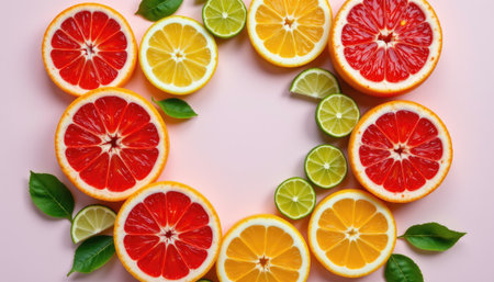 This image showcases a beautiful arrangement of vibrant citrus fruit slices against a soft pink background. Fresh leaves enhance the lively composition.の素材