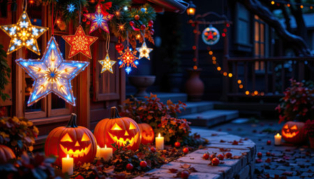Discover a cozy outdoor Halloween scene featuring glowing pumpkins, colorful lights, and star decorations that create a festive atmosphere perfect for celebrations.の素材