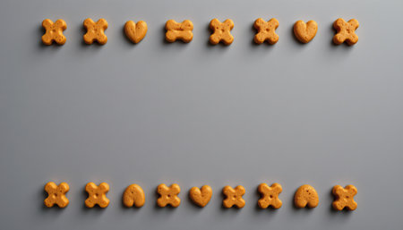 A delightful arrangement of uniquely shaped cookies, including hearts and stars, on a smooth gray background creates an appealing visual for culinary art.の素材