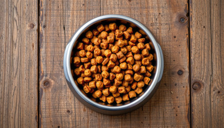 A rustic bowl filled with crunchy dog treats sits atop a beautiful wooden tabletop. Perfect for showcasing pet nutrition and feeding moments.の素材