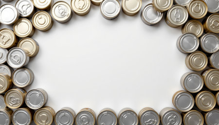 Creative arrangement of assorted aluminum beverage cans in gold and silver on a clean white background, ideal for design, recycling, and decoration projects.の素材